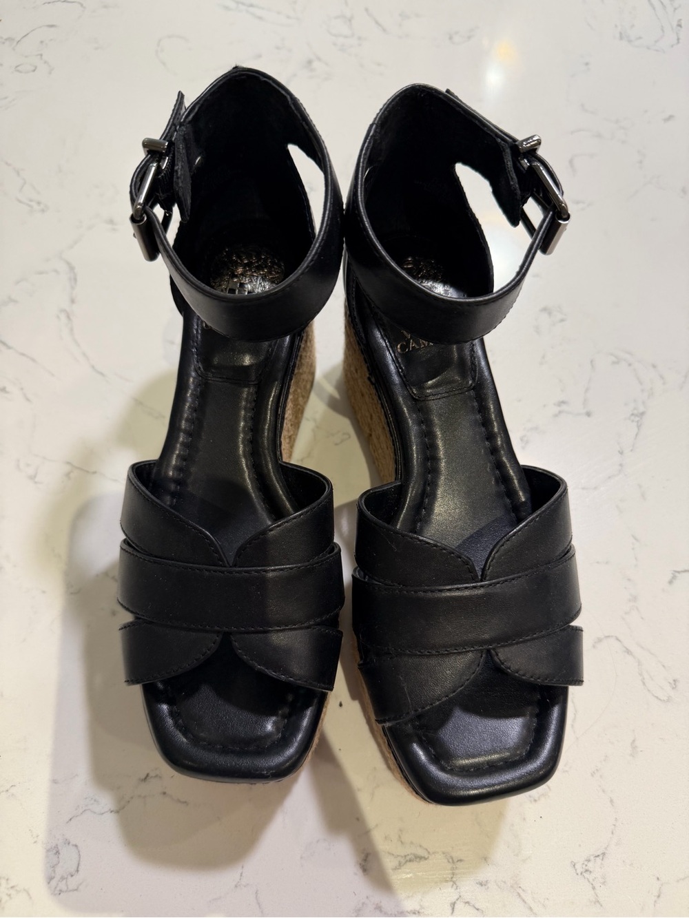 Vince Camuto Black Leather Espadrille Platform Wedges - Picture 6 of 6